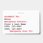Dairy Allergy Badge - Customize Emergency Info (Arrière)