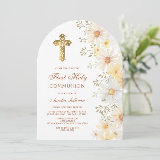 Daisies Arch Première communion Invitation (Debout devant)