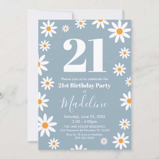 Daisies Dusty blue Birthday Party Invitation (Devant)