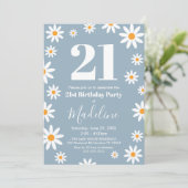 Daisies Dusty blue Birthday Party Invitation Kaart (Staand voorkant)