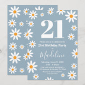 Daisies Dusty blue Birthday Party Invitation Kaart (Voorkant / Achterkant)