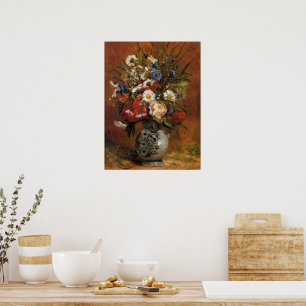 Daisies en pioenen in blauwe vaas poster