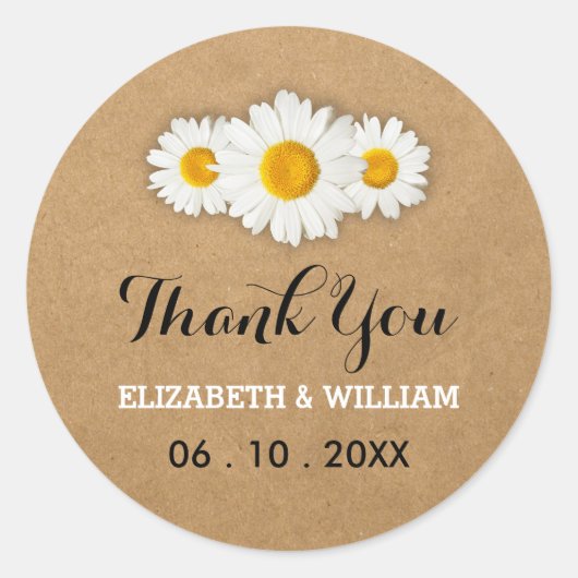 Daisies en rustiek papier bruiloft dank u ronde sticker (Voorkant)