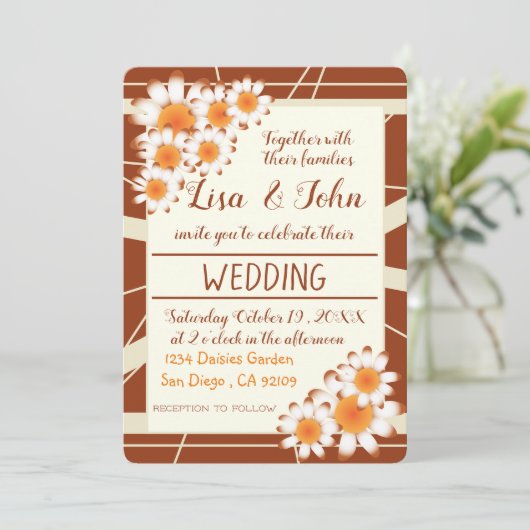 Daisies en strepen roesten moderne bruiloft uitnod kaart (Staand voorkant)
