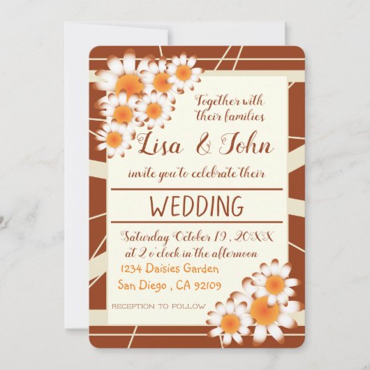 Daisies en strepen roesten moderne bruiloft uitnod kaart (Voorkant)