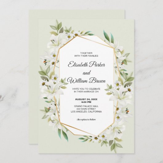 Daisies en witte lelies bruiloft uitnodiging (Voorkant / Achterkant)