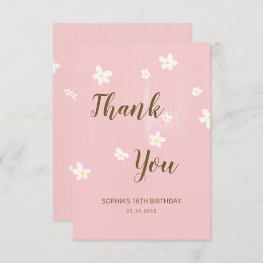 Daisies Girly Roze Schattigee Kalligrafie Lente Bl Bedankkaart (Voorkant / Achterkant)