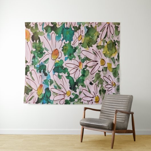 Daisies, groen substraat, abstractie. wandkleed (In Situ (horizontaal))