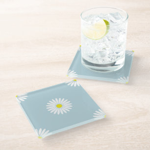 Daisies Illustratief LG Patroon op Bord Blauw Glazen Onderzetter