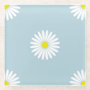 Daisies Illustratief LG Patroon op Bord Blauw Glazen Onderzetter