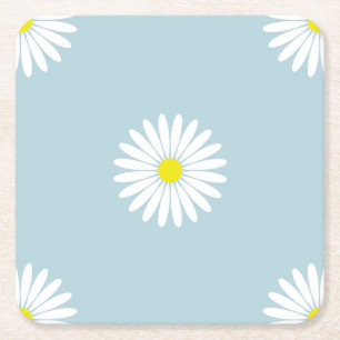 Daisies Illustratief LG Patroon op Bord Blauw Vierkante Kartonnen Onderzetter