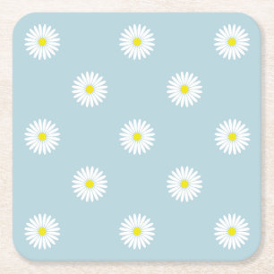Daisies Illustratief Patroon op Bord Blauw Vierkante Kartonnen Onderzetter
