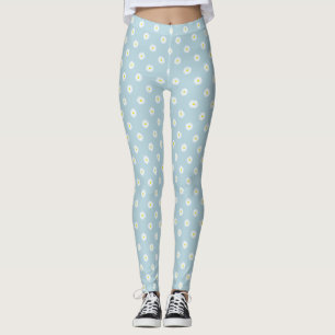 Daisies Illustratief RPT Patroon op Bord Blauw Leggings