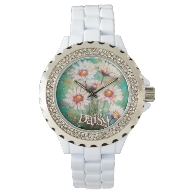 Daisies Impressionistic Floral Teal Personalized Horloge (Voorkant)