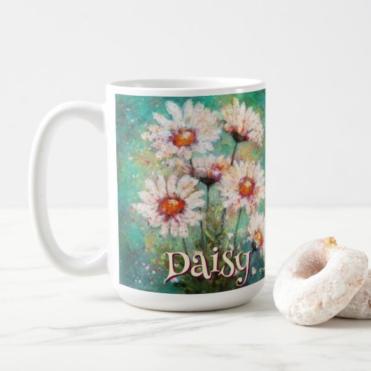 Daisies Impressionistic Floral Teal Personalized Koffiemok (Met donut)