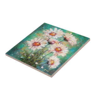 Daisies Impressionistisch Bloemenschilderij Blauwg Tegeltje