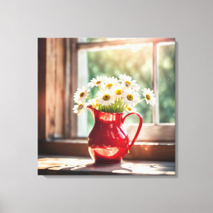 Daisies in rode pitcher door zonnig raam canvas afdruk