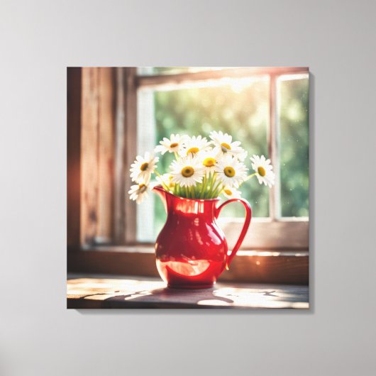Daisies in rode pitcher door zonnig raam canvas afdruk (Voorkant)