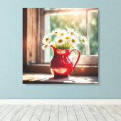 Daisies in rode pitcher door zonnig raam canvas afdruk (Insitu (Houten vloer))
