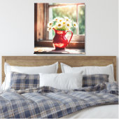 Daisies in rode pitcher door zonnig raam canvas afdruk (Insitu (Slaapkamer))