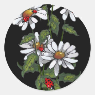 Daisies met lieveheersbeestjes op zwart: kunst ronde sticker