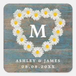  Daisies Monogram Wedding Blue Wood Vierkante Sticker
