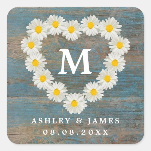  Daisies Monogram Wedding Blue Wood Vierkante Sticker (Voorkant)