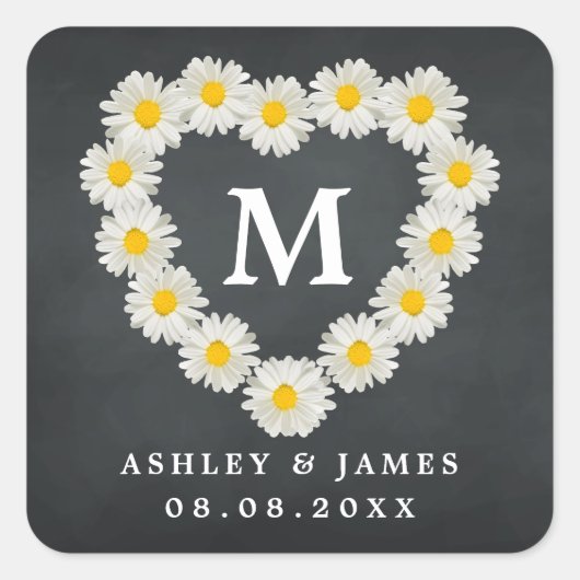  Daisies Monogram Wedding Chalkboard Vierkante Sticker (Voorkant)