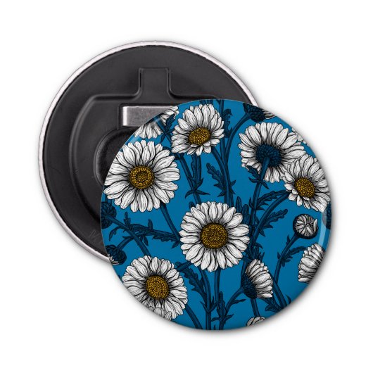 Daisies op blauw button flesopener (Voorkant)