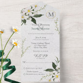 Daisies op gebarsten witte verf monogram all in one uitnodiging