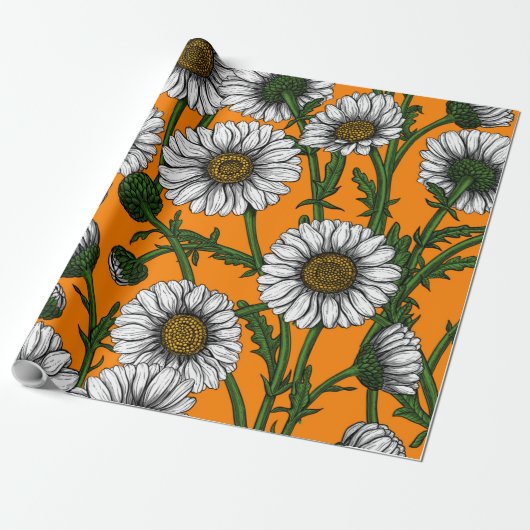 Daisies op sinaasappel cadeaupapier (Uitgerold)
