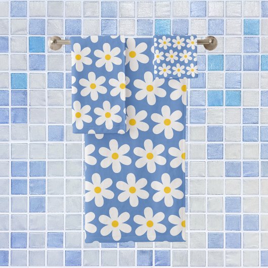 Daisies Retro Floral Pattern White Blue Bad Handdoek