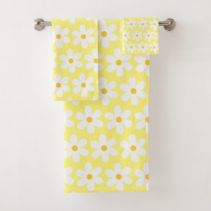 Daisies Retro Floral Pattern White Gellow Bad Handdoek