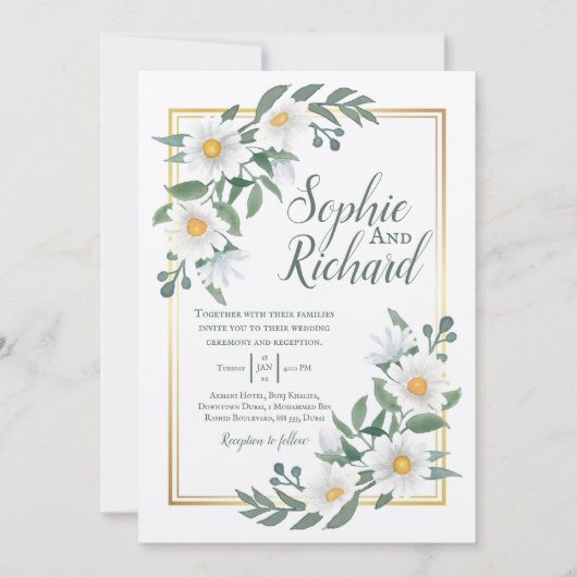 Daisies White Floral Gold Wedding Invitation (Voorkant)