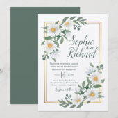Daisies White Floral Gold Wedding Invitation (Voorkant / Achterkant)