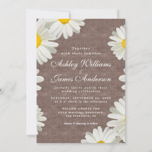 Daisies White Floral Rustic Linen Wedding Kaart