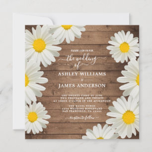 Daisies White Floral Rustic Wood Wedding Kaart