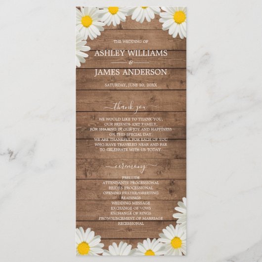 Daisies White Floral Rustic Wood Wedding Programma (Voorkant)