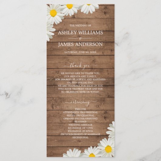  Daisies White Floral Rustic Wood Wedding Programma (Voorkant)