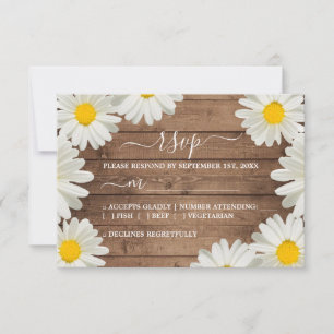 Daisies White Floral Rustic Wood Wedding RSVP Kaartje