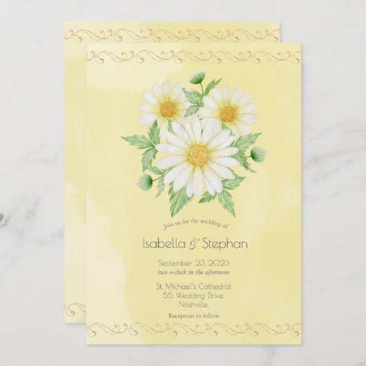 Daisies White Yellow Floral Script Wedding Invitat Kaart (Voorkant / Achterkant)