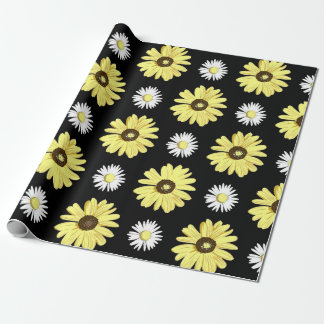 Daisies White Yellow op zwart omslagpapier Cadeaupapier