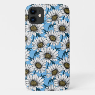 Daisies, wilde bloemen op blauw iPhone 11 hoesje