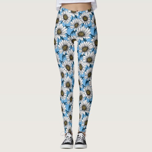 Daisies, wilde bloemen op blauw leggings (Voorkant)