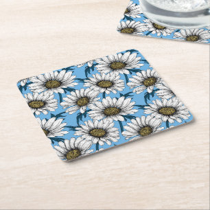 Daisies, wilde bloemen op blauw vierkante kartonnen onderzetter
