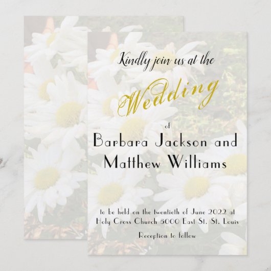 Daisy Background stromend Yellow Script Wedding Kaart (Voorkant / Achterkant)