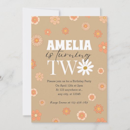 Daisy Beige Two Invitation pour le 2e anniversaire (Devant)