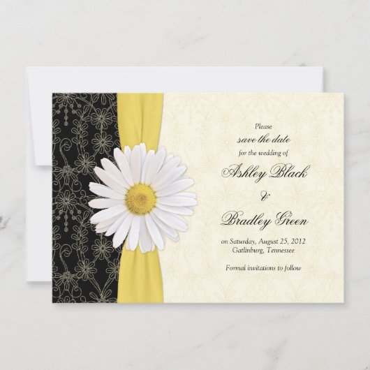Daisy Black Yellow, Ivory Wedding Save the Date (Voorkant)