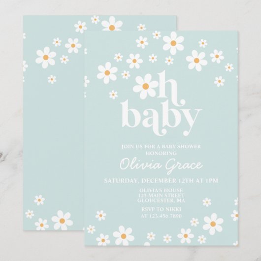 Daisy bleu clair Retro Baby shower Invitation (Devant / Derrière)
