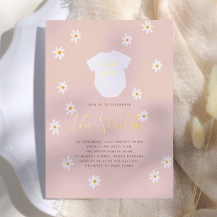 Daisy Bloemen Boho Kleine Zus Glanzende Baby Showe Folie Uitnodiging